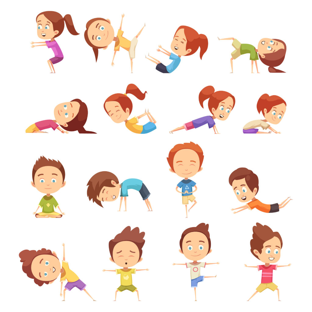 Kids exercising in verious poses. Physical activity for Child Development